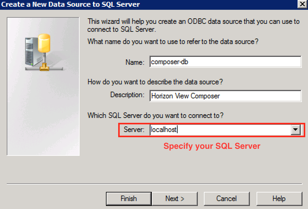 Setting up an ODBC connection for Horizon View Composer